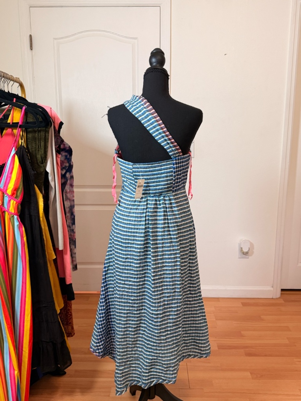 Maeve Anthropologie Blue Plaid Gingham One Shoulder Midi Dress Size 8 NWT - Picture 4 of 9